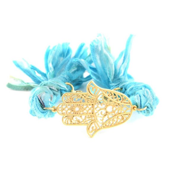 Gold Hamsa and Vintage Ribbon Bracelet - Picture 1 of 1